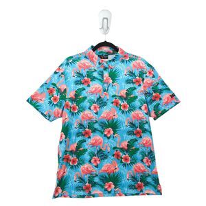 YATTA GOLF Men M Polo Shirt Blue Floral Hibiscus Hawaiian Pau Hana Flamingos NEW